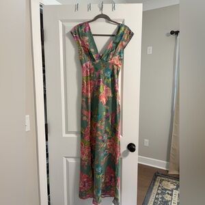 Silk Floral Maxi Dress with V-Neck